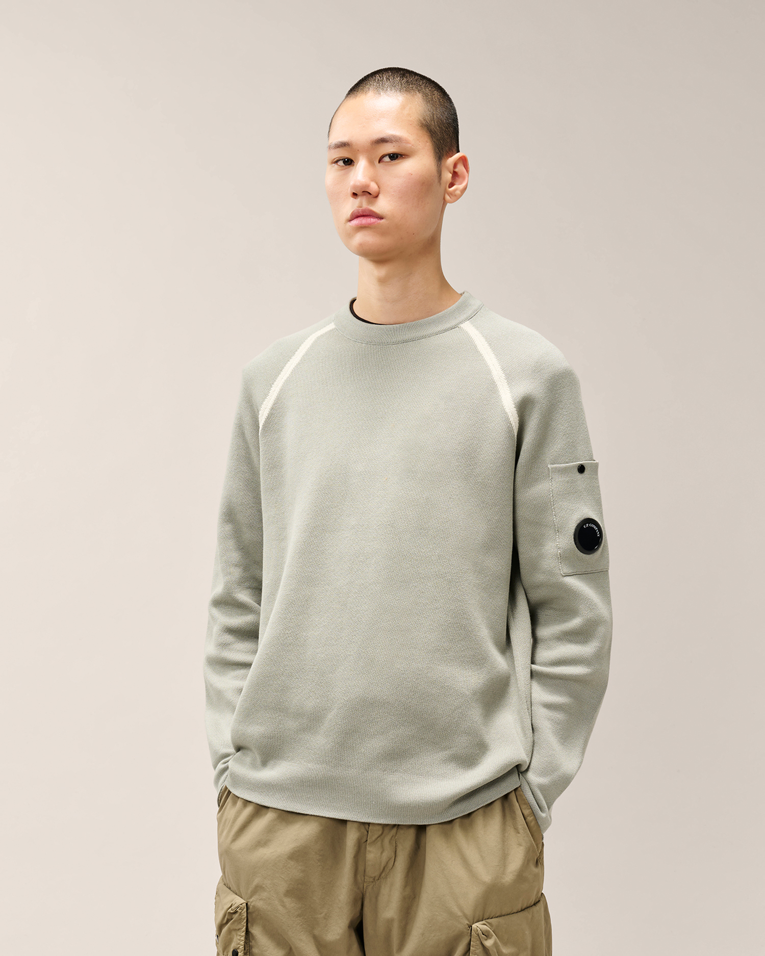 Grey Double Cotton Knit Lens Crewneck Sweater | CPC JP Online Store