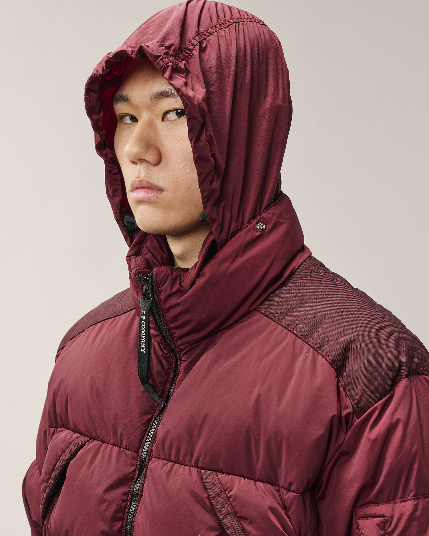 Red Nycra-R Lens Hooded Down Jacket | CPC JP Online Store