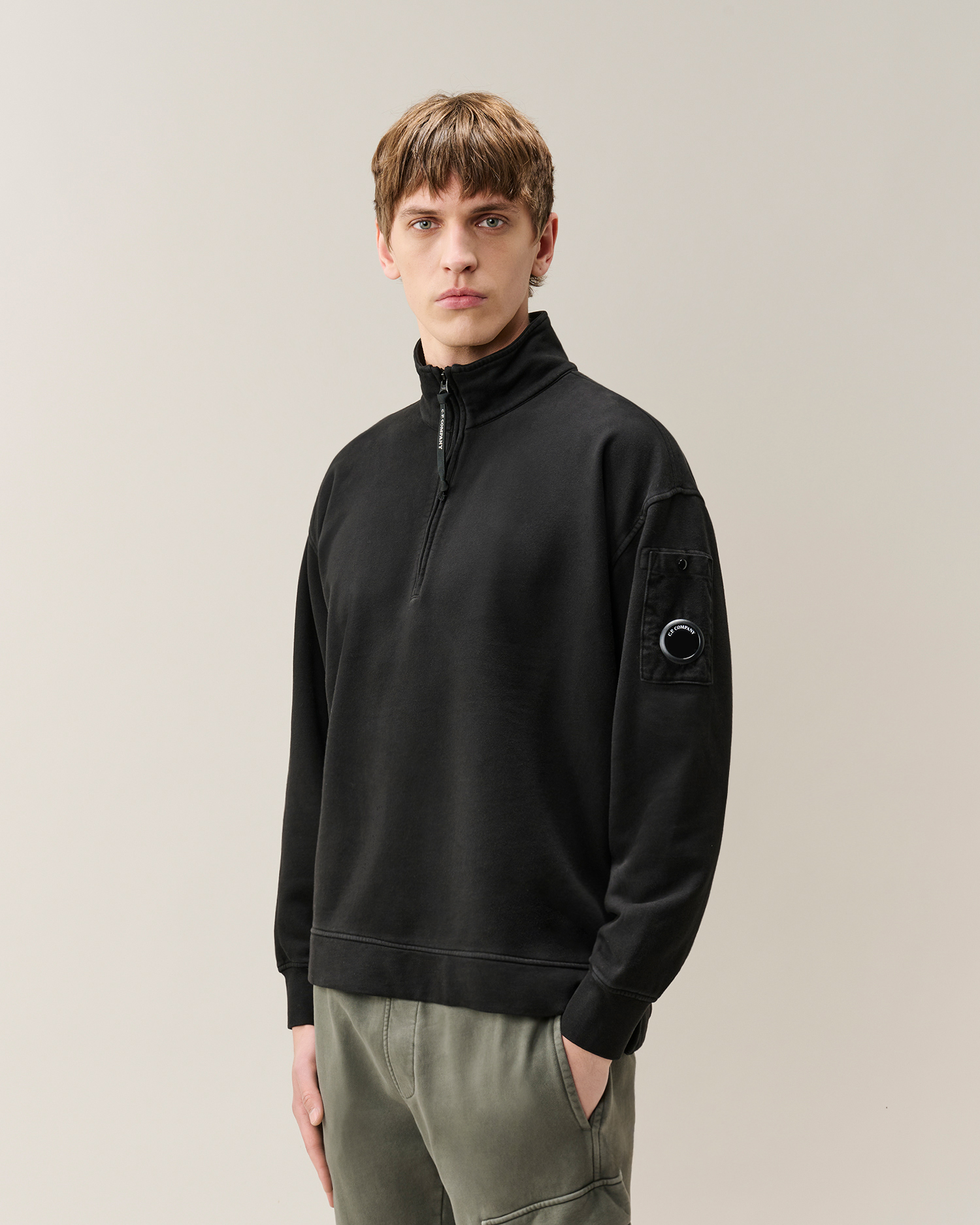 Black Brushed and Emerized Diagonal Fleece Mixed Boxy Lens Half