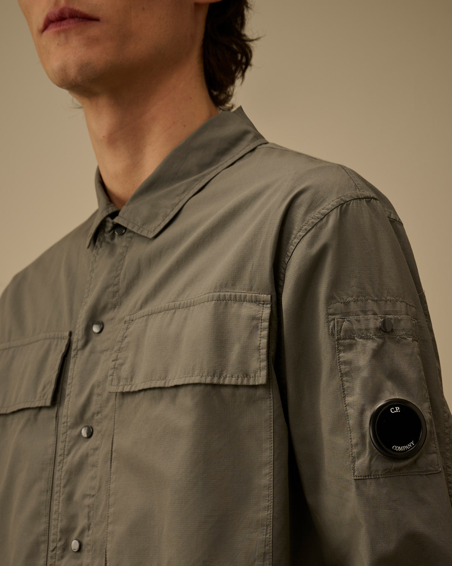 Grey Cotton Rip-Stop Boxy Button Lens Overshirt | CPC USCA Online