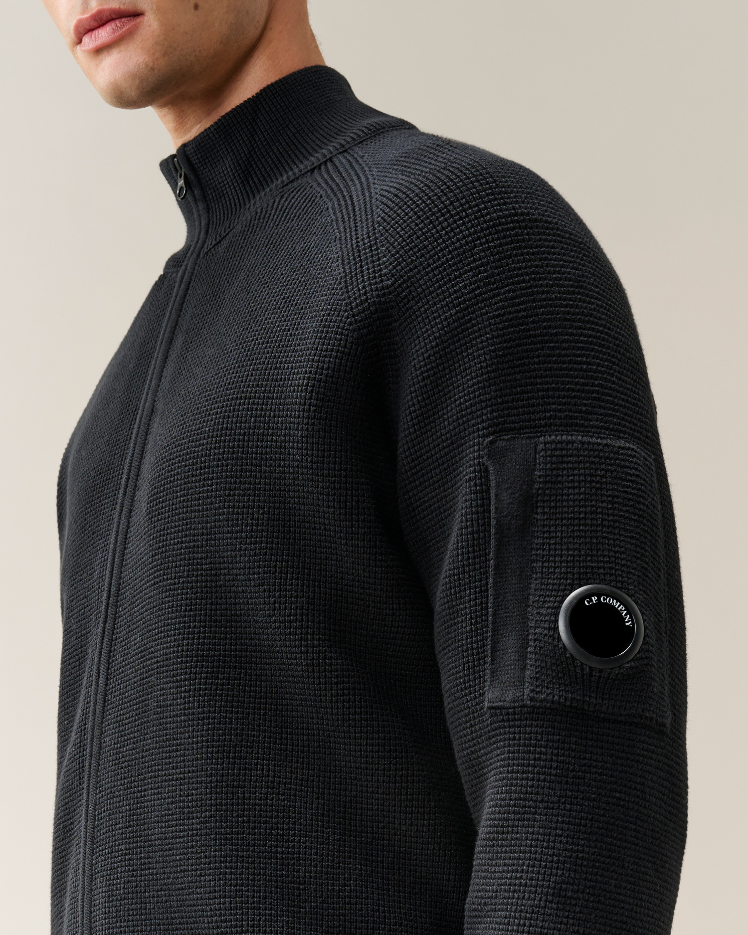 Black Waffle Knit Cotton Zip Lens Cardigan | CPC SCA Online Store